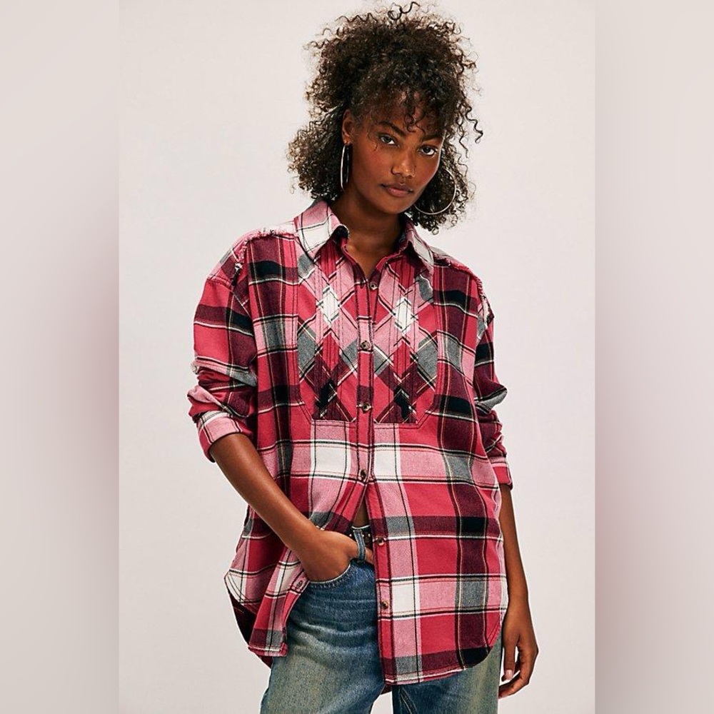 Free People We The Free Layla Plaid Shirt NWOT, Red, Size M